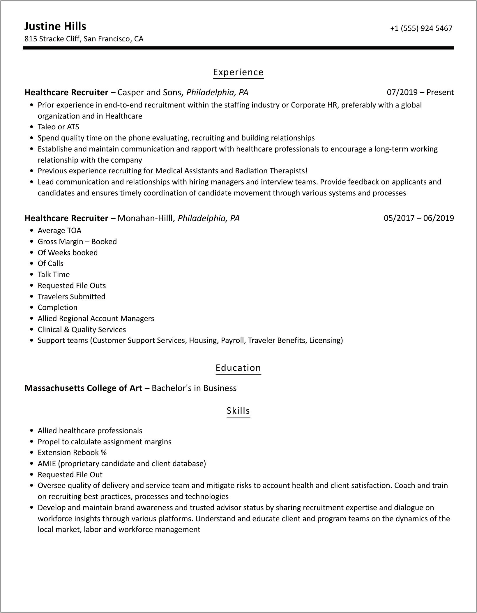 Healthcare Recruiter Account Manager Resume