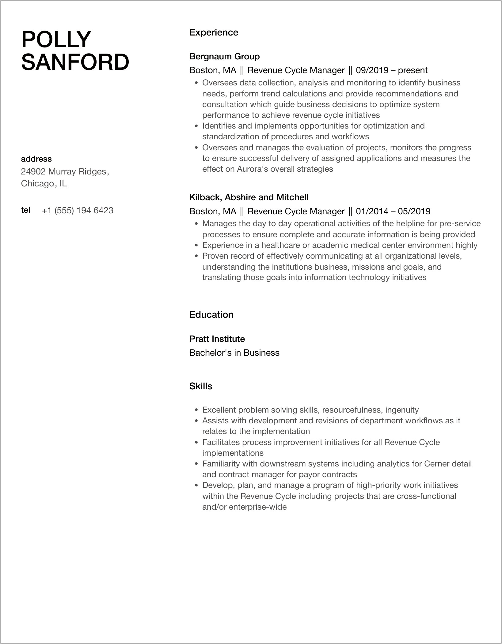 Healthcare Revenue Cycle Manager Resume