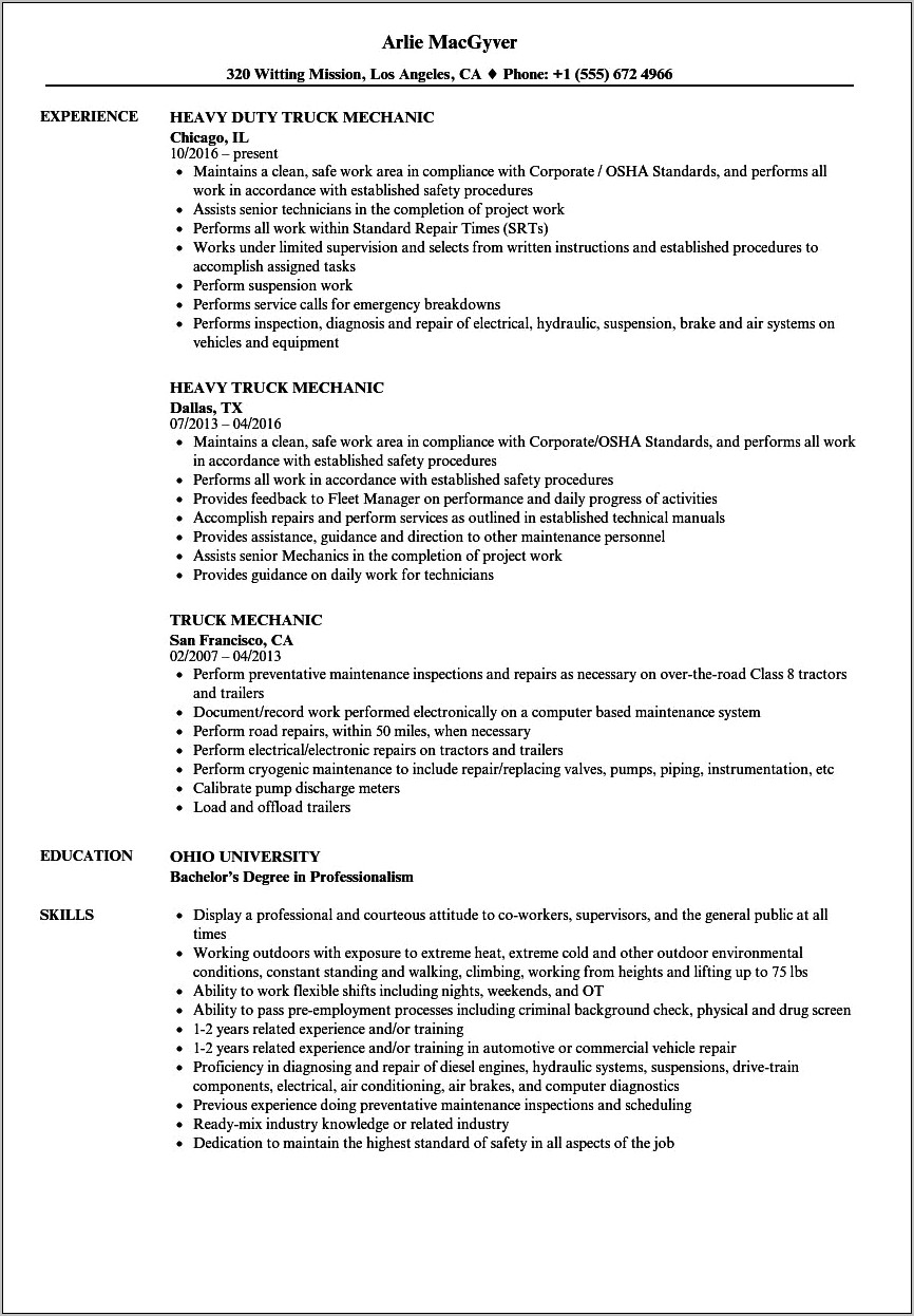 Heavy Equipment Mechanic Resume Skills