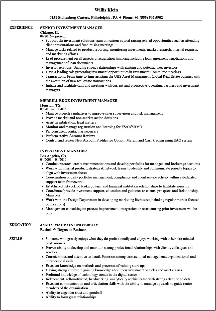 Hedge Fund Manager Resume Example