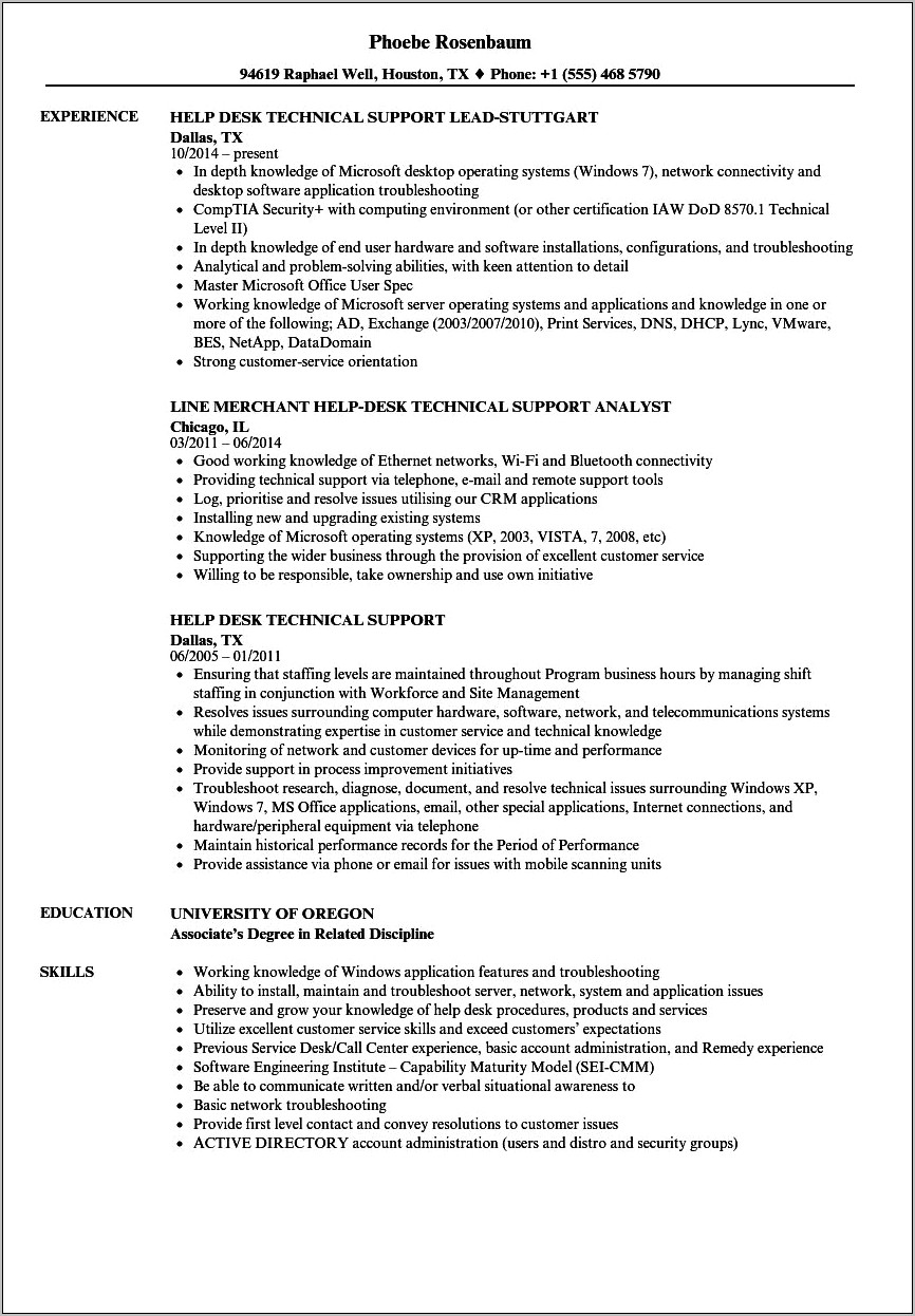 Help Desk Specialist Sample Resume