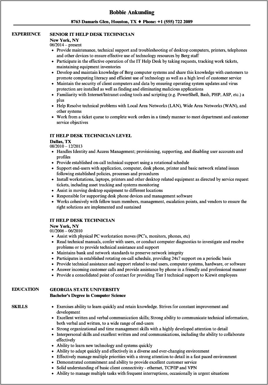 Help Desk Tech Resume Sample