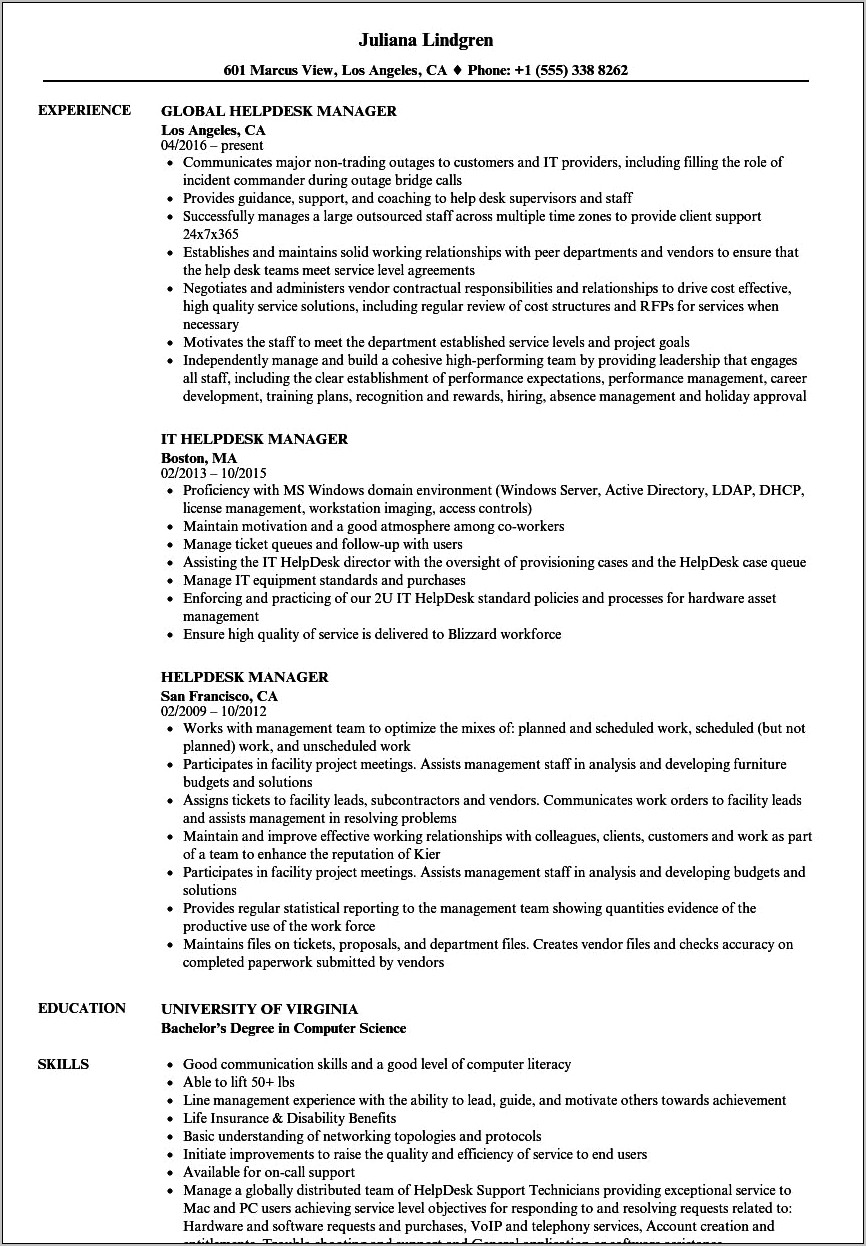 Helpdesk Manager Job Description Resume