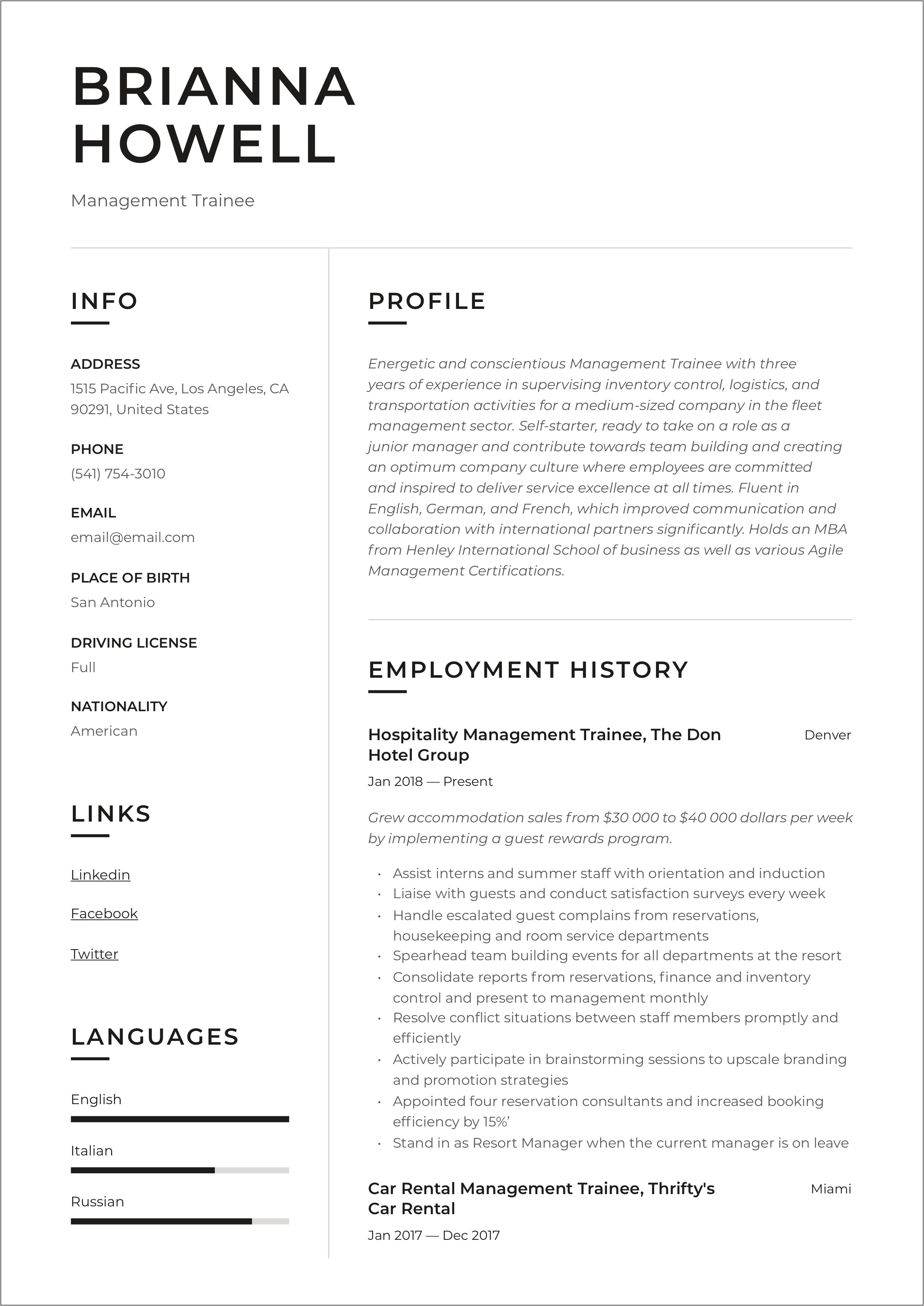 Hertz Branch Manager Trainee Resume