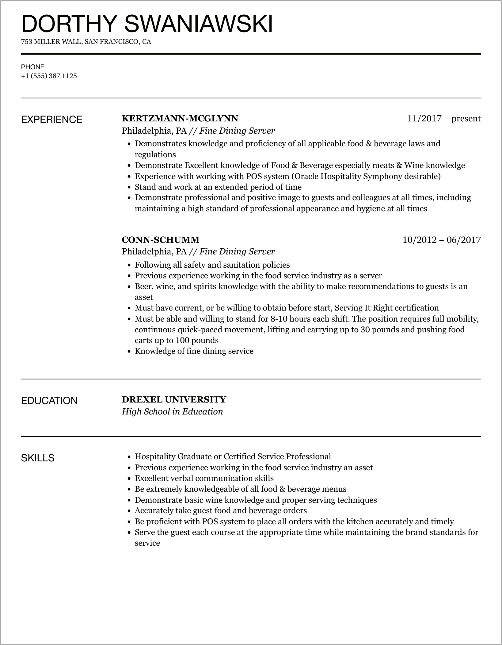 High End Restaurant Resume Examples