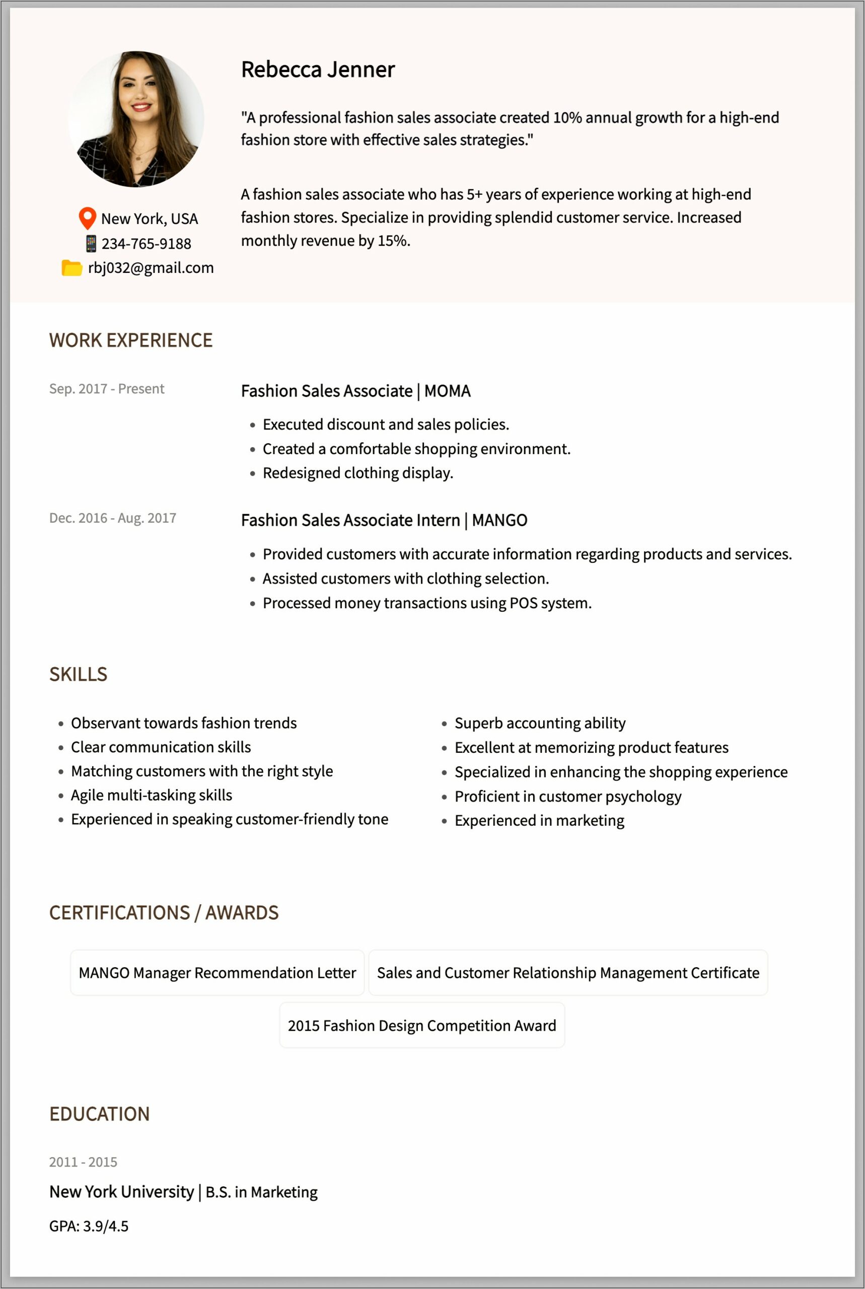 High End Retail Resume Skills