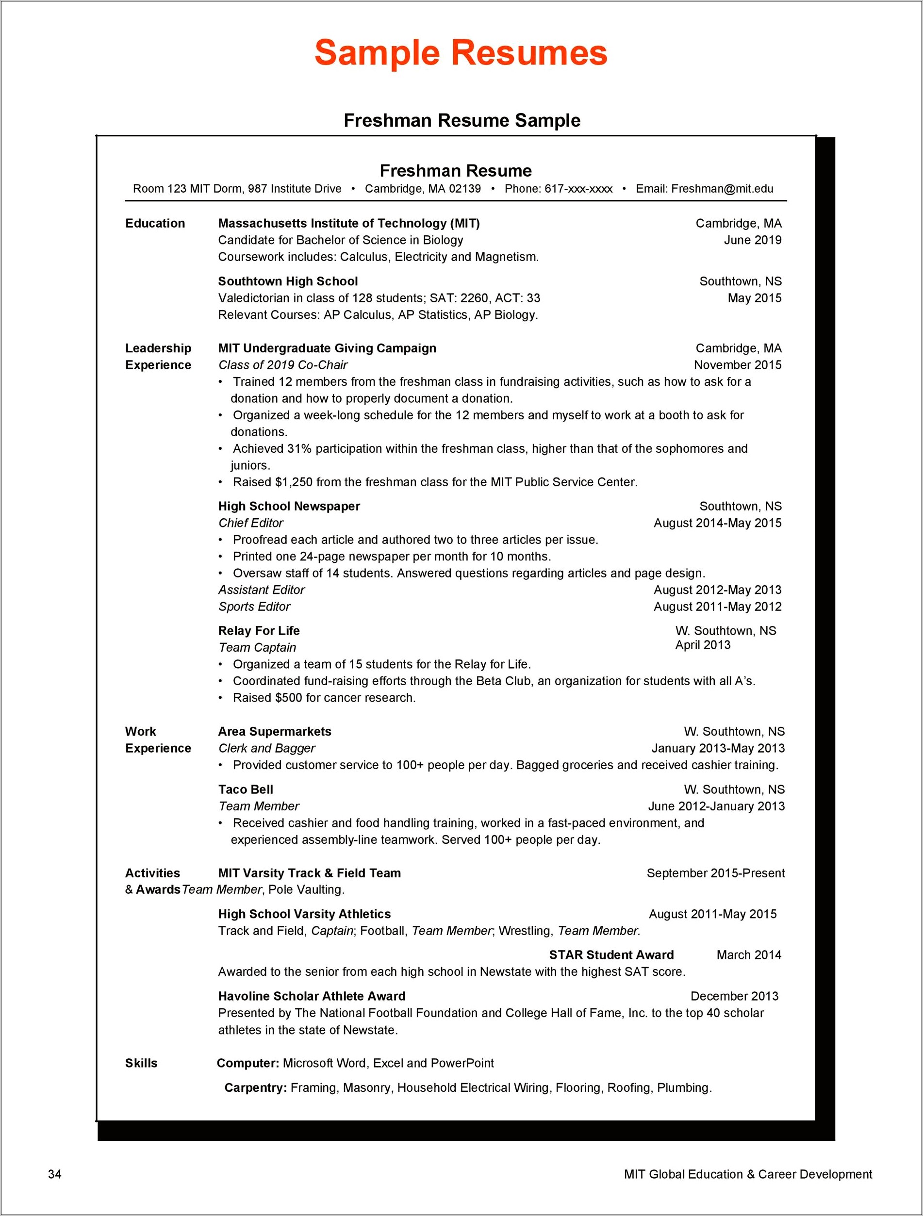 High School Freshman Resume Sample