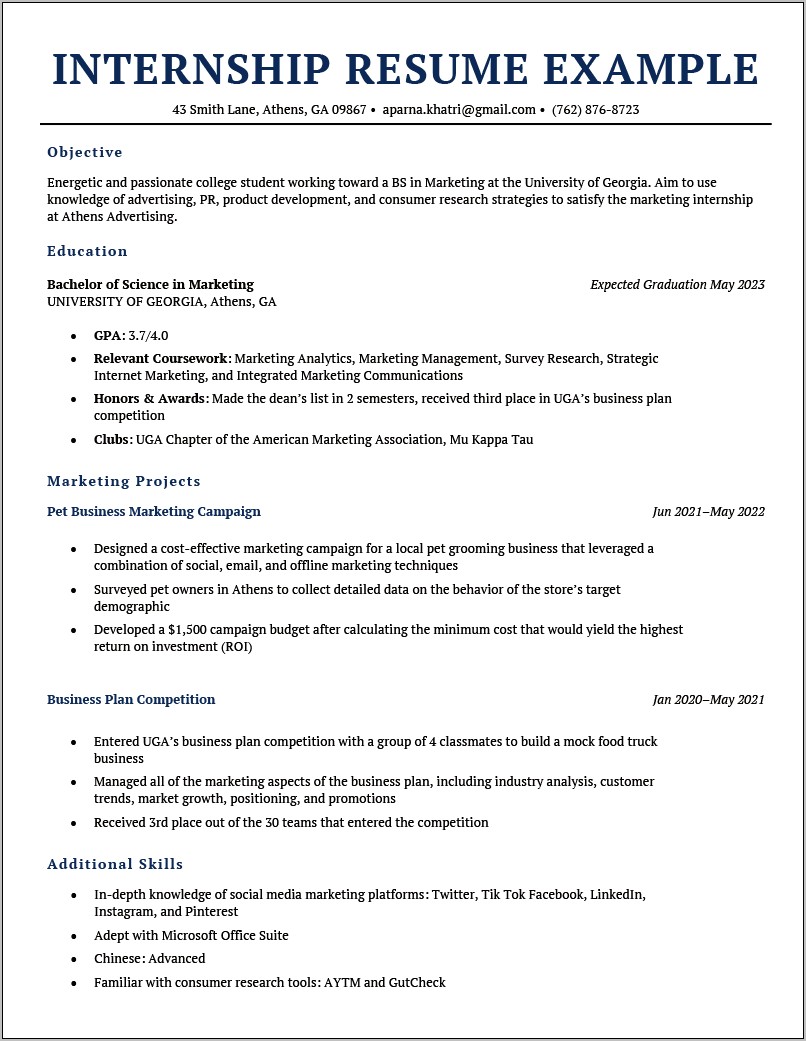 High School Intern Resume Example