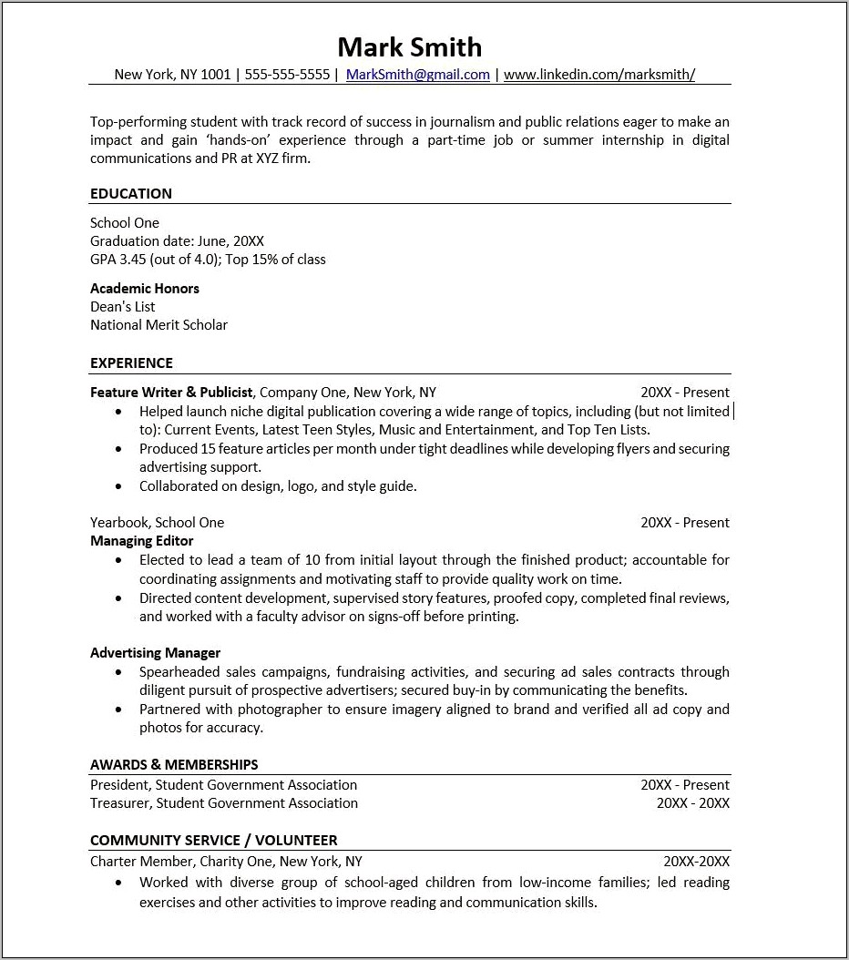 High School Senior Sample Resume