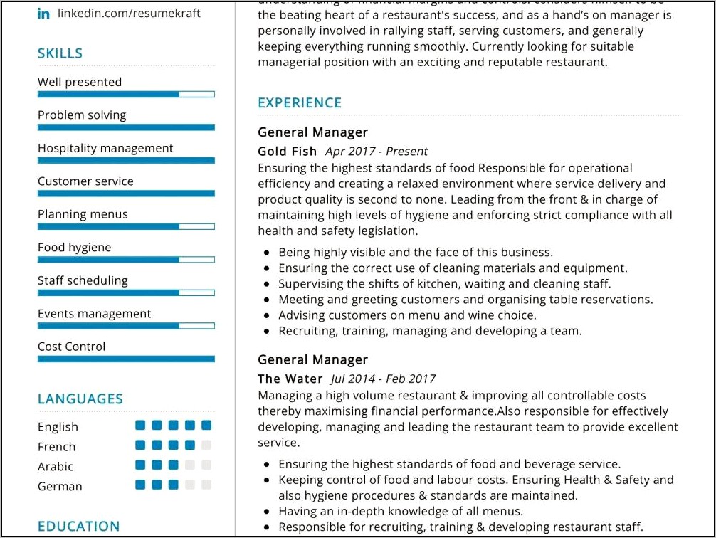 High Volume Restaurant Manager Resume