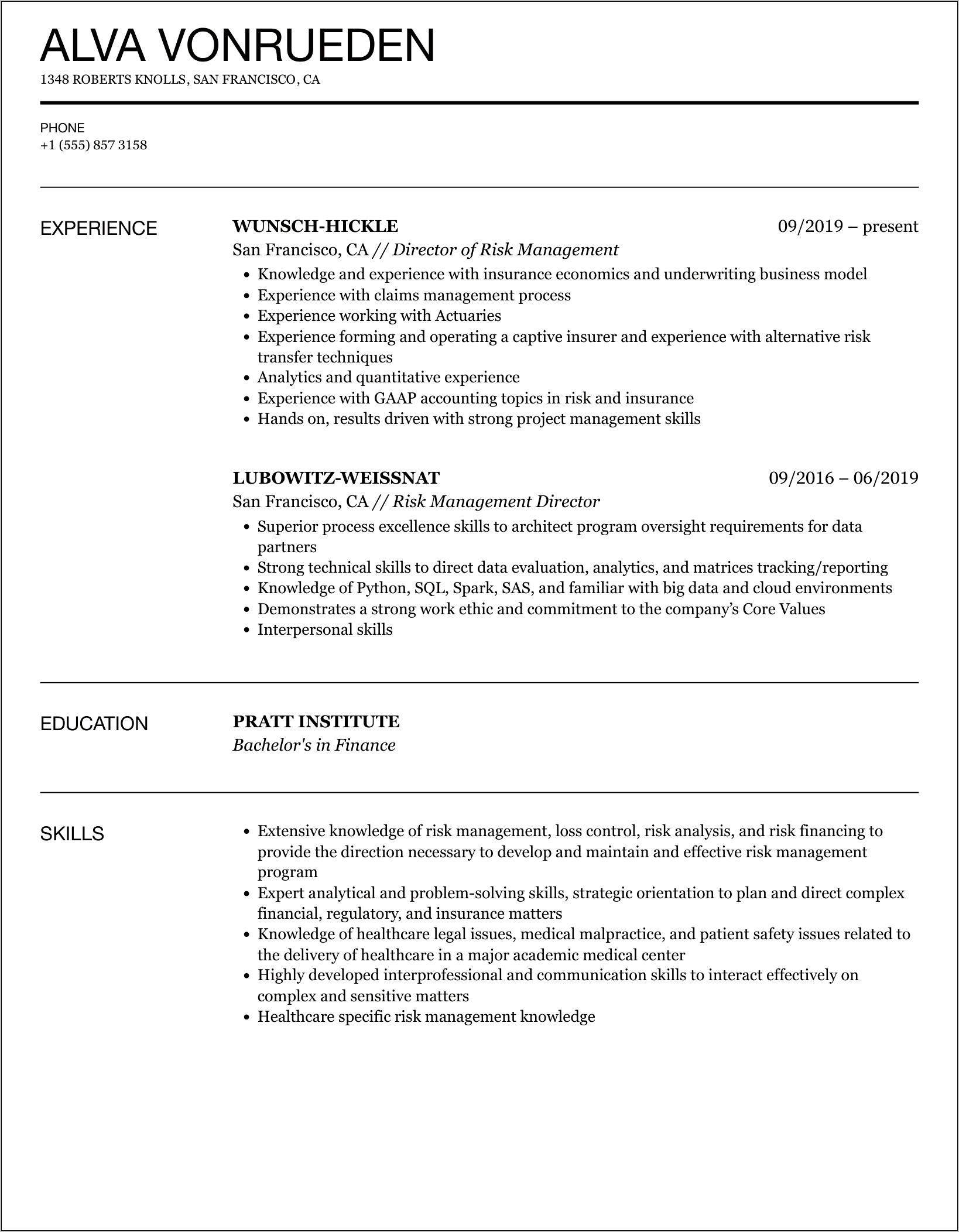 Highly Risk Management Skill Resume