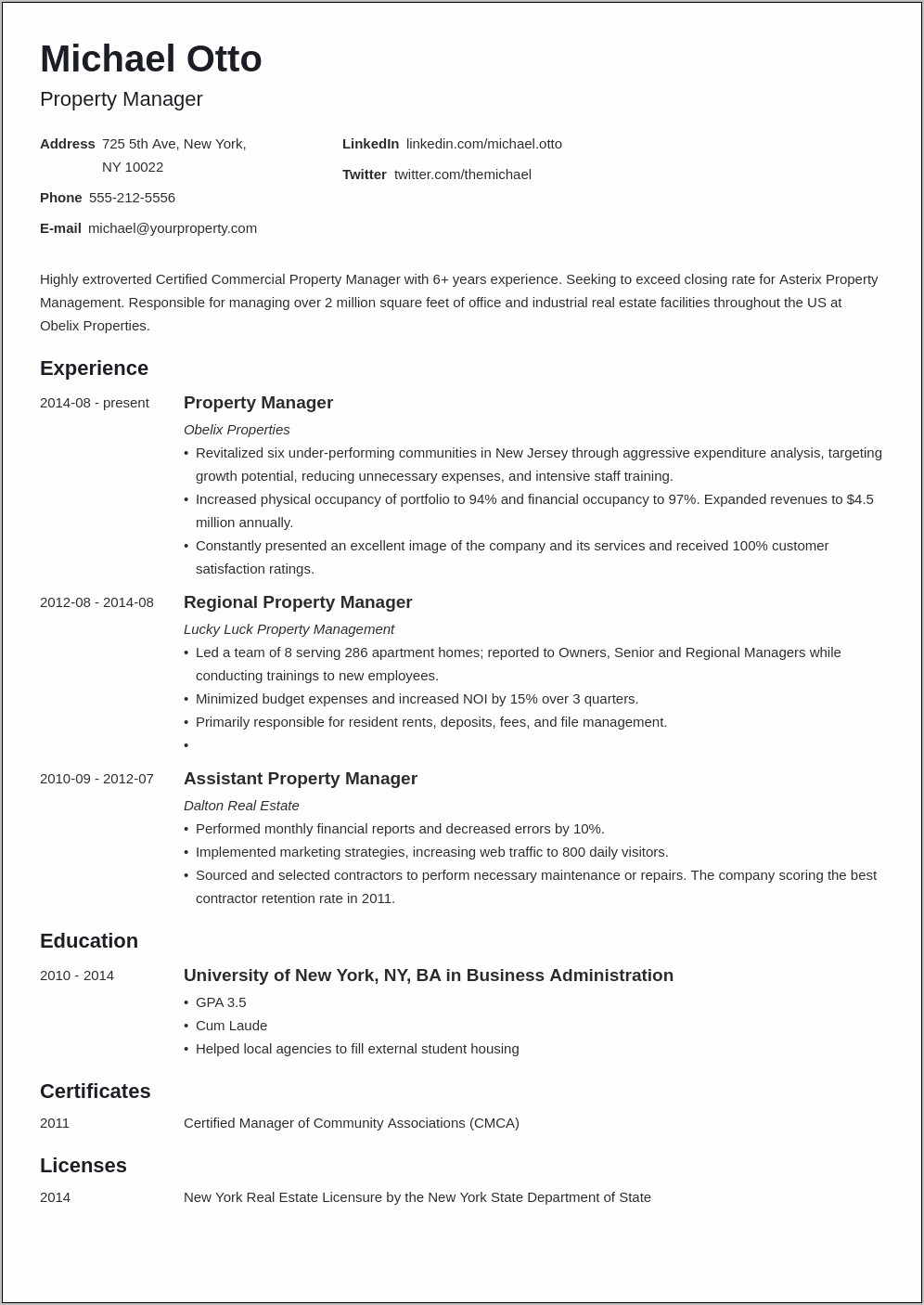 Hoa Property Management Resume Sample