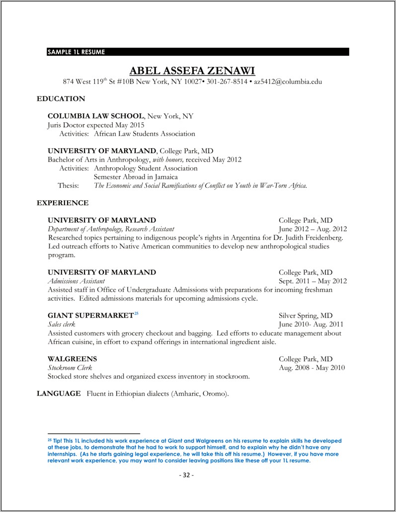 Hofstra Law School Sample Resume