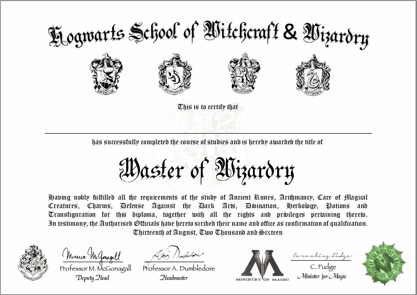 Hogwarts Customizable Diploma Template Free Download