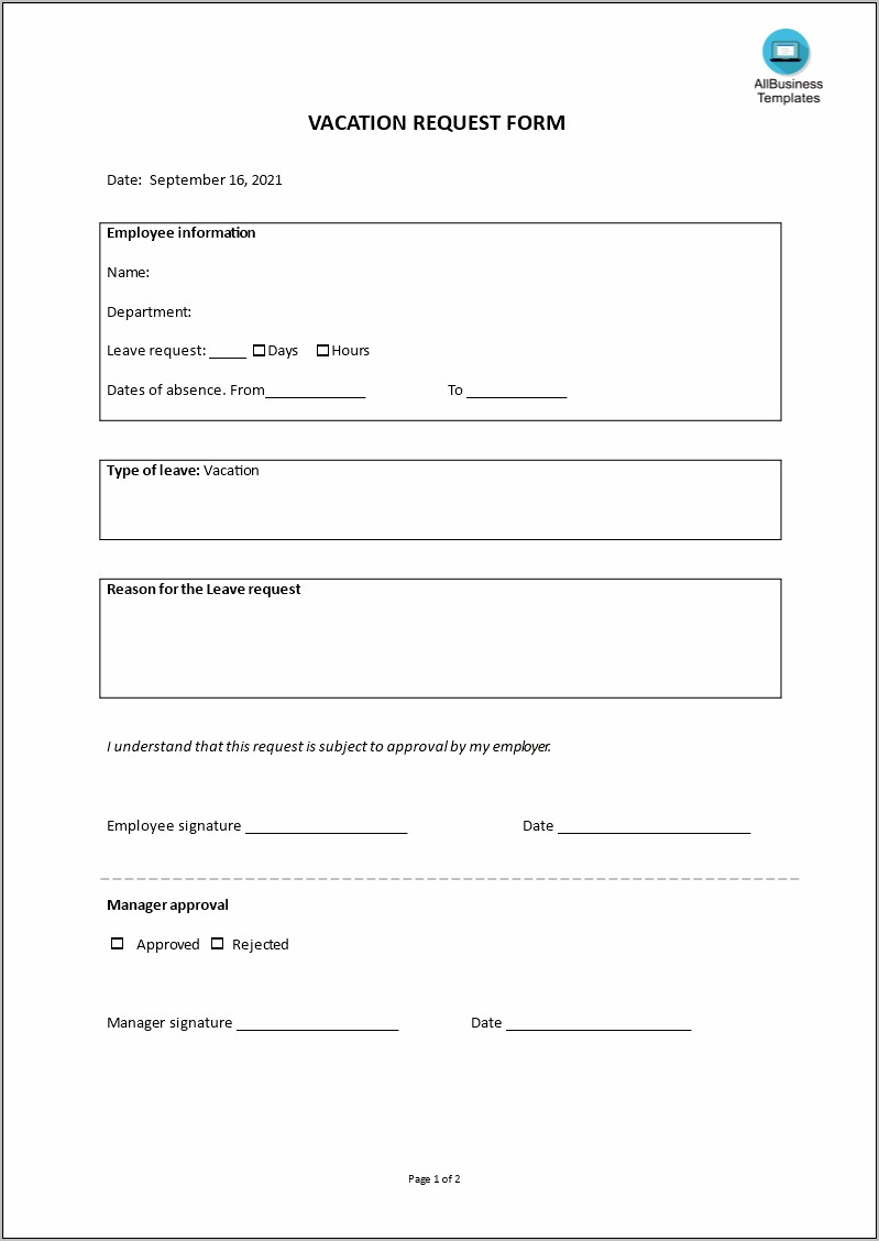 Holiday Request Form Template Free Download