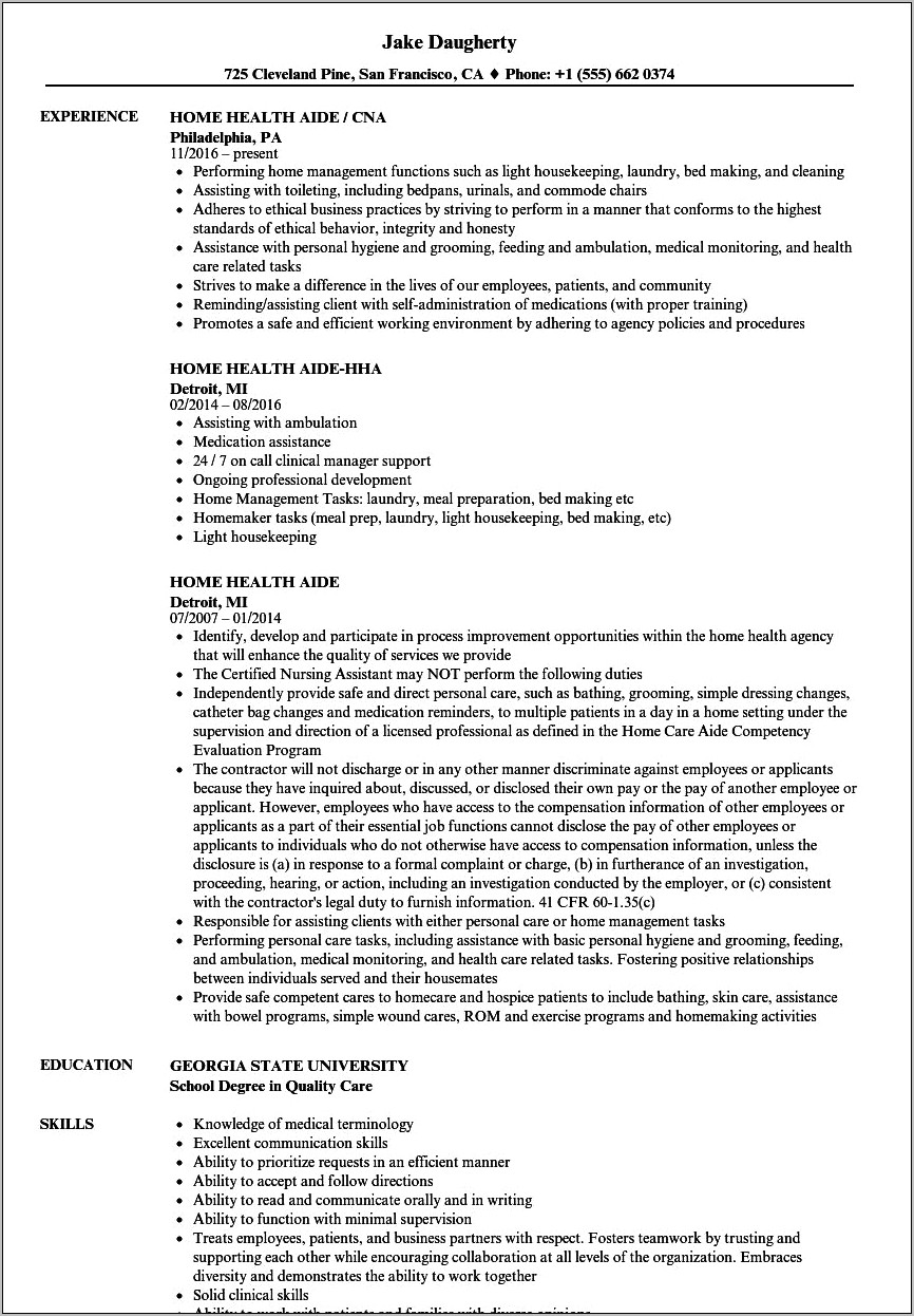 Home Care Aide Resume Example