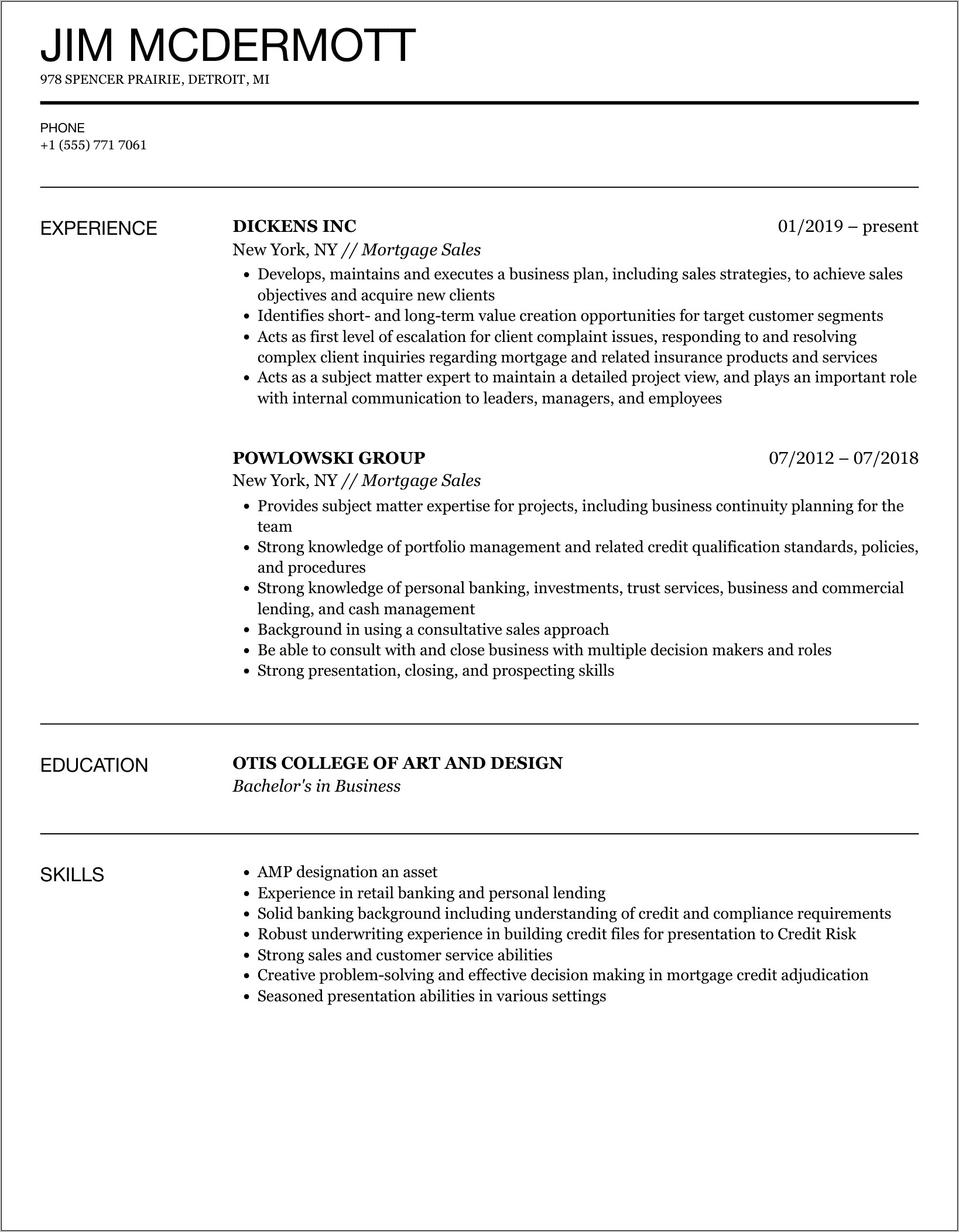 Home Loan Experience Resume Sample