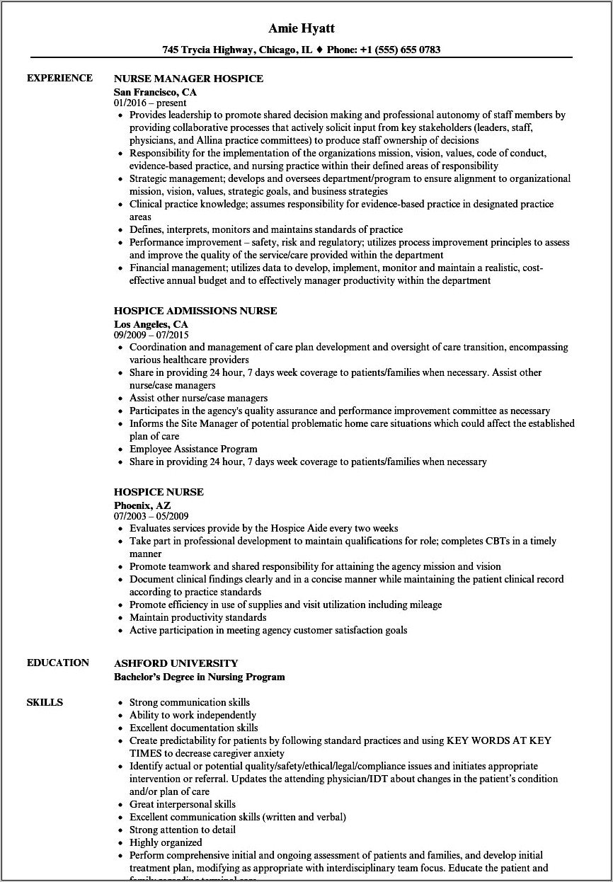 Hospice Case Manager Resume Example