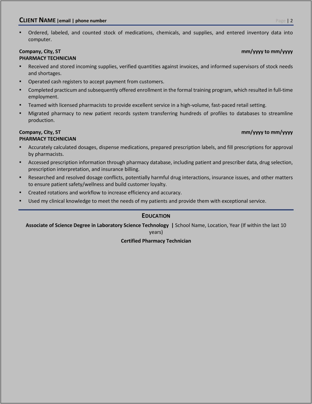 Hospital Pharmacy Technician Resume Example