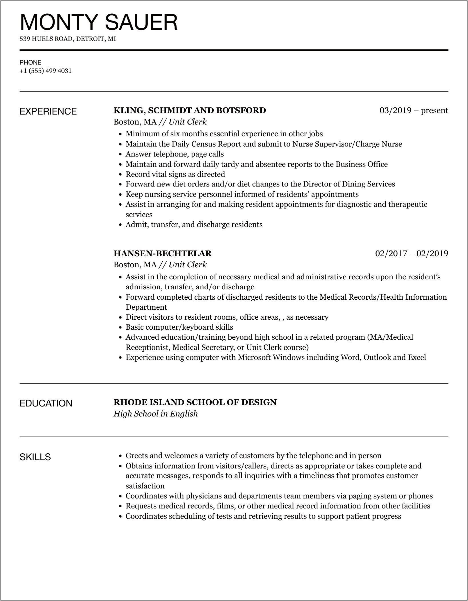 Hospital Unit Clerk Resume Objective