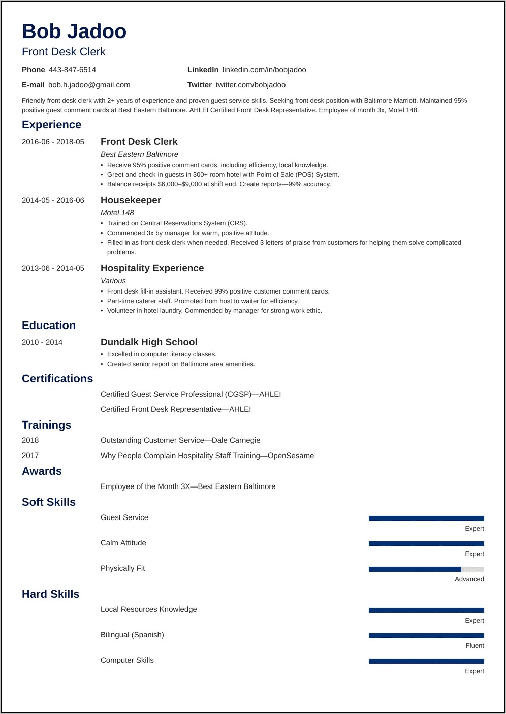 Hospitality Industry Skills For Resume