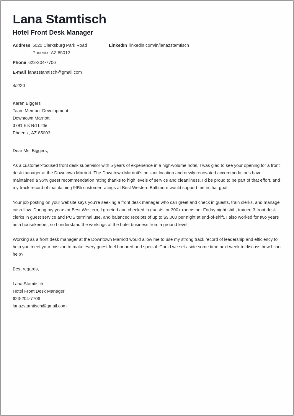 Hospitality Resume Cover Letter Samples