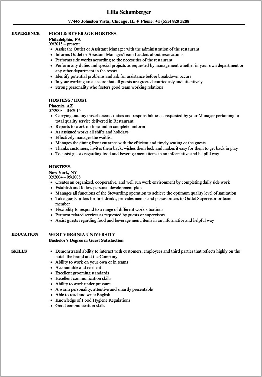 Hostess And Hospitatlity Resume Examples