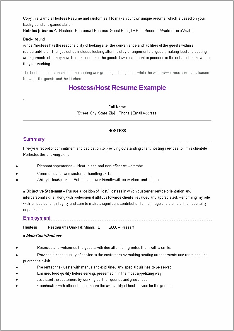 Hostess Waitress Job Description Resume