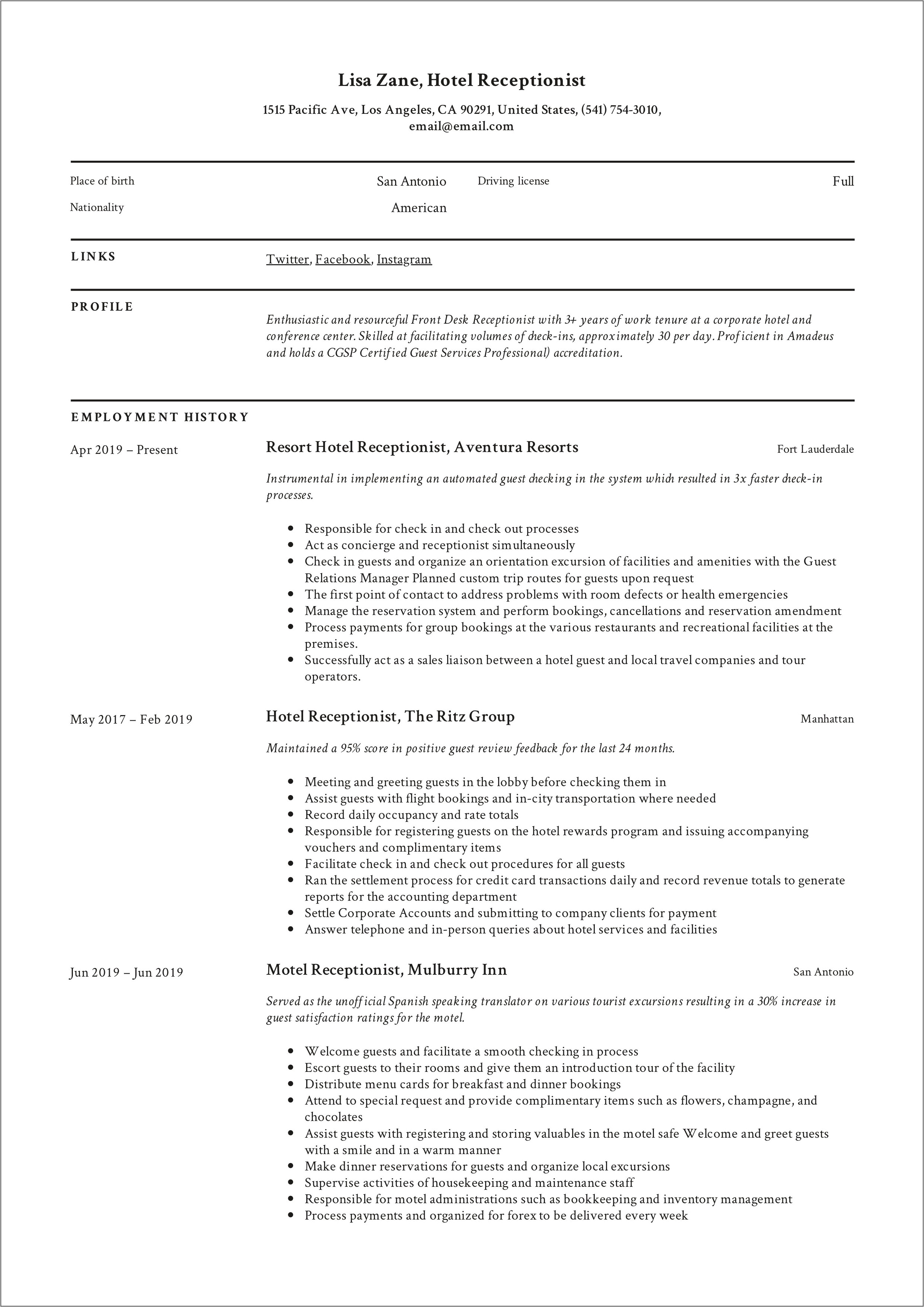 Hotel Customer Service Resume Examples