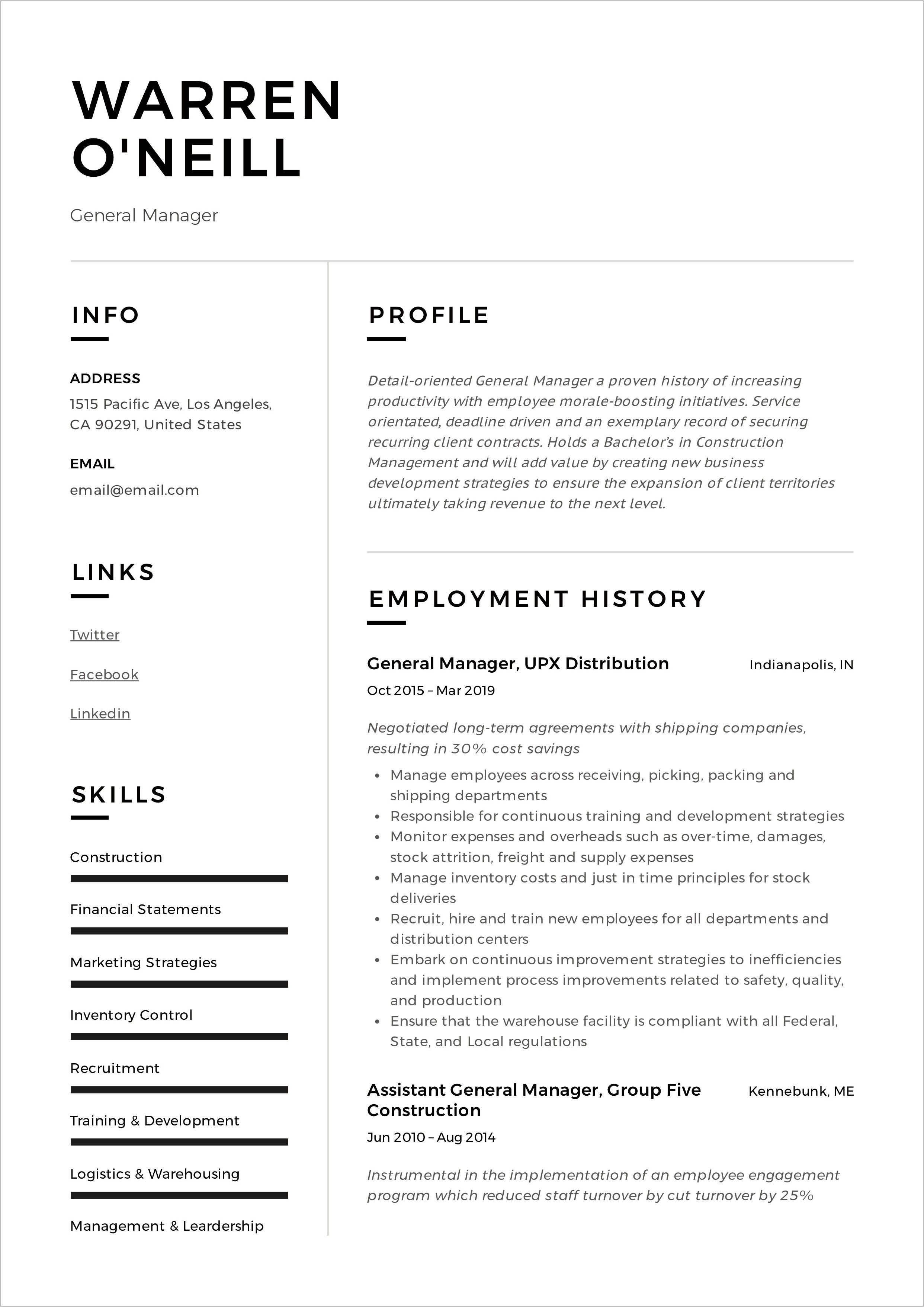 Hotel General Manager Resume Format