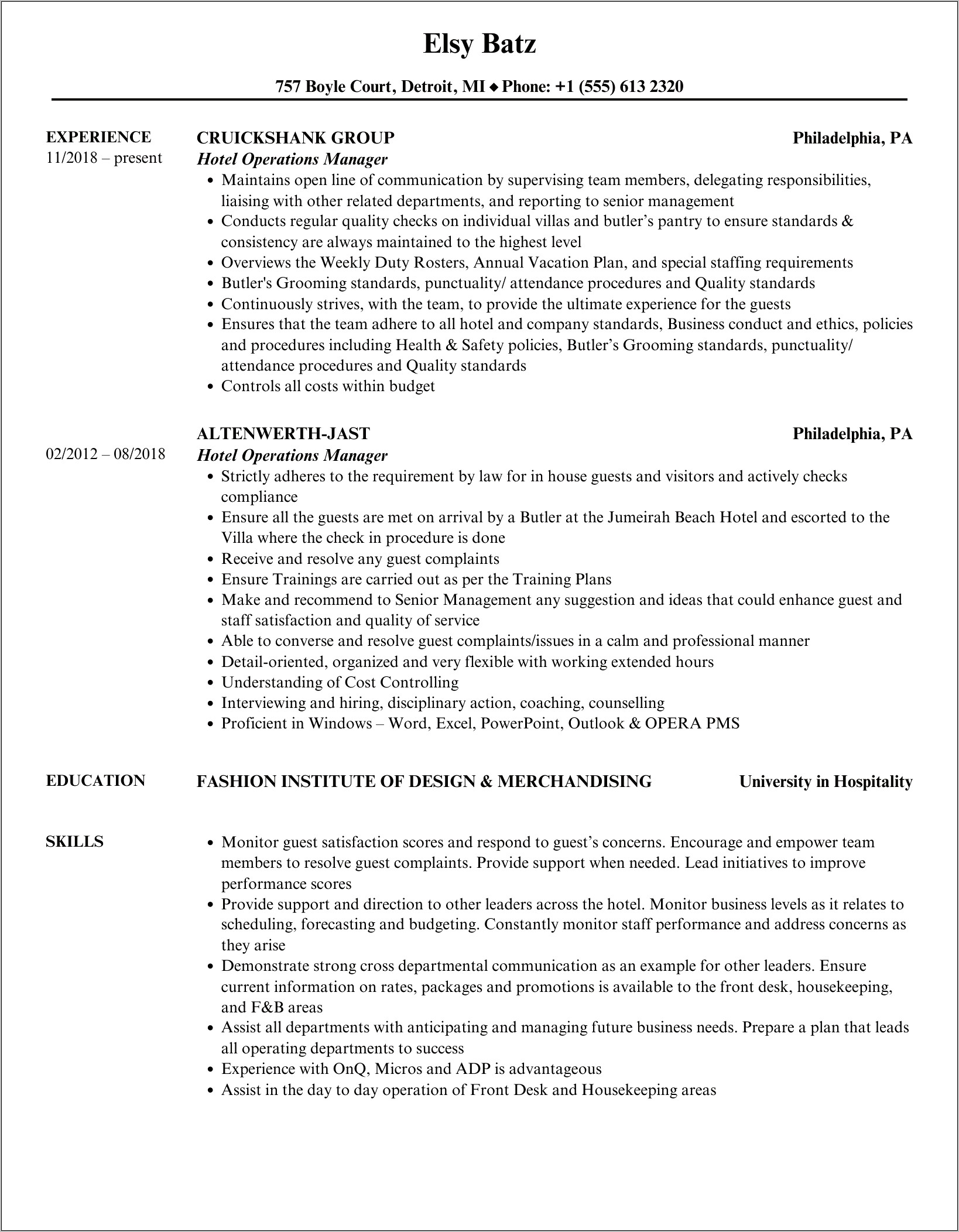 Hotel General Manager Resume Pdf