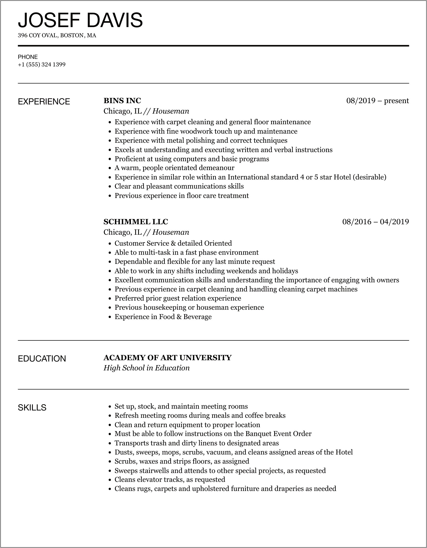 Hotel Houseman Job Description Resume