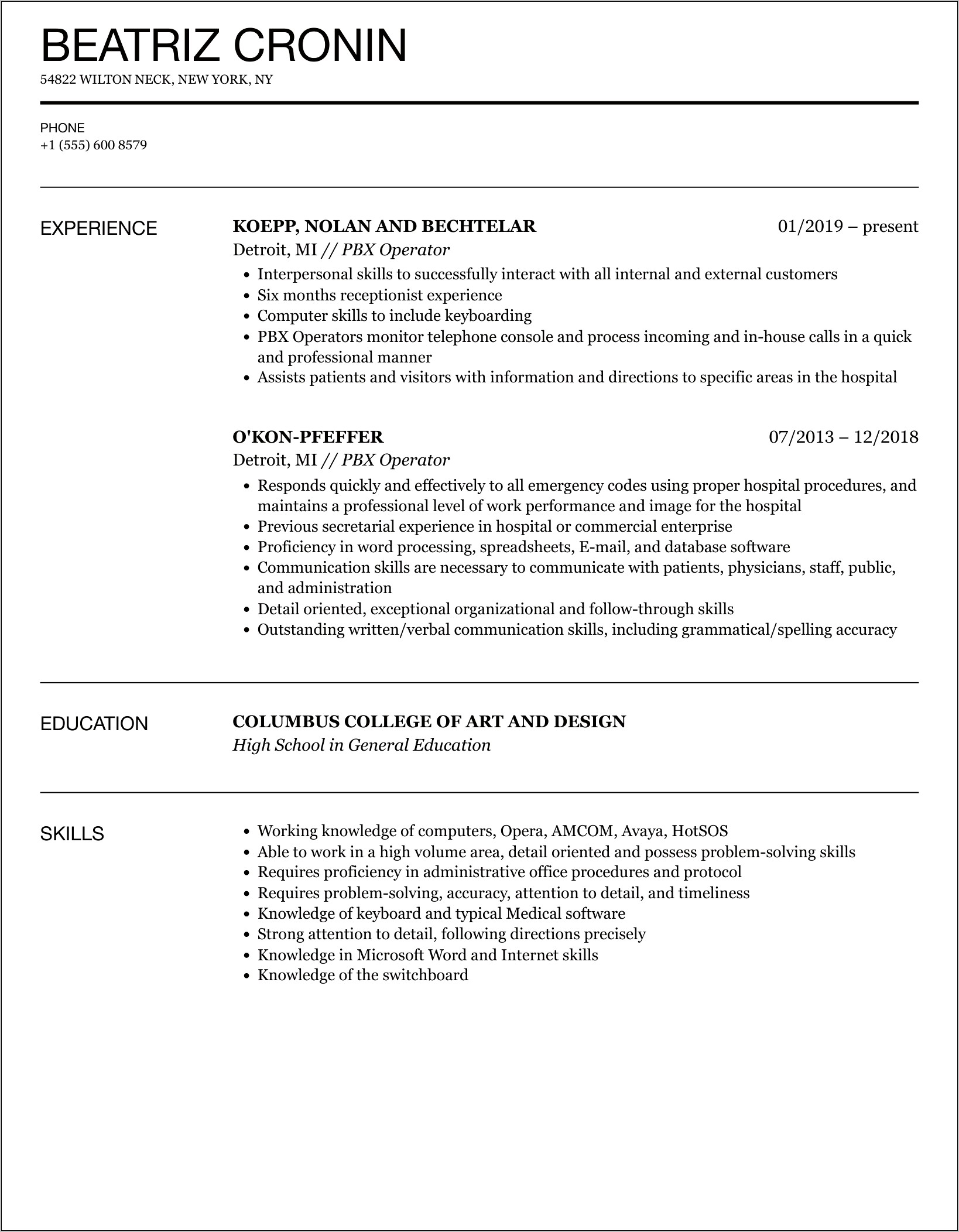 Hotel Pbx Operator Resume Sample