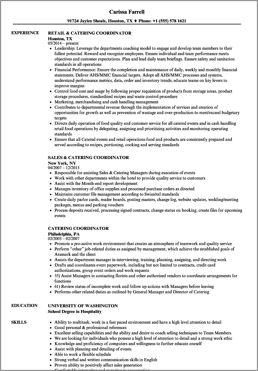 Hotel Sales Coordinator Resume Example