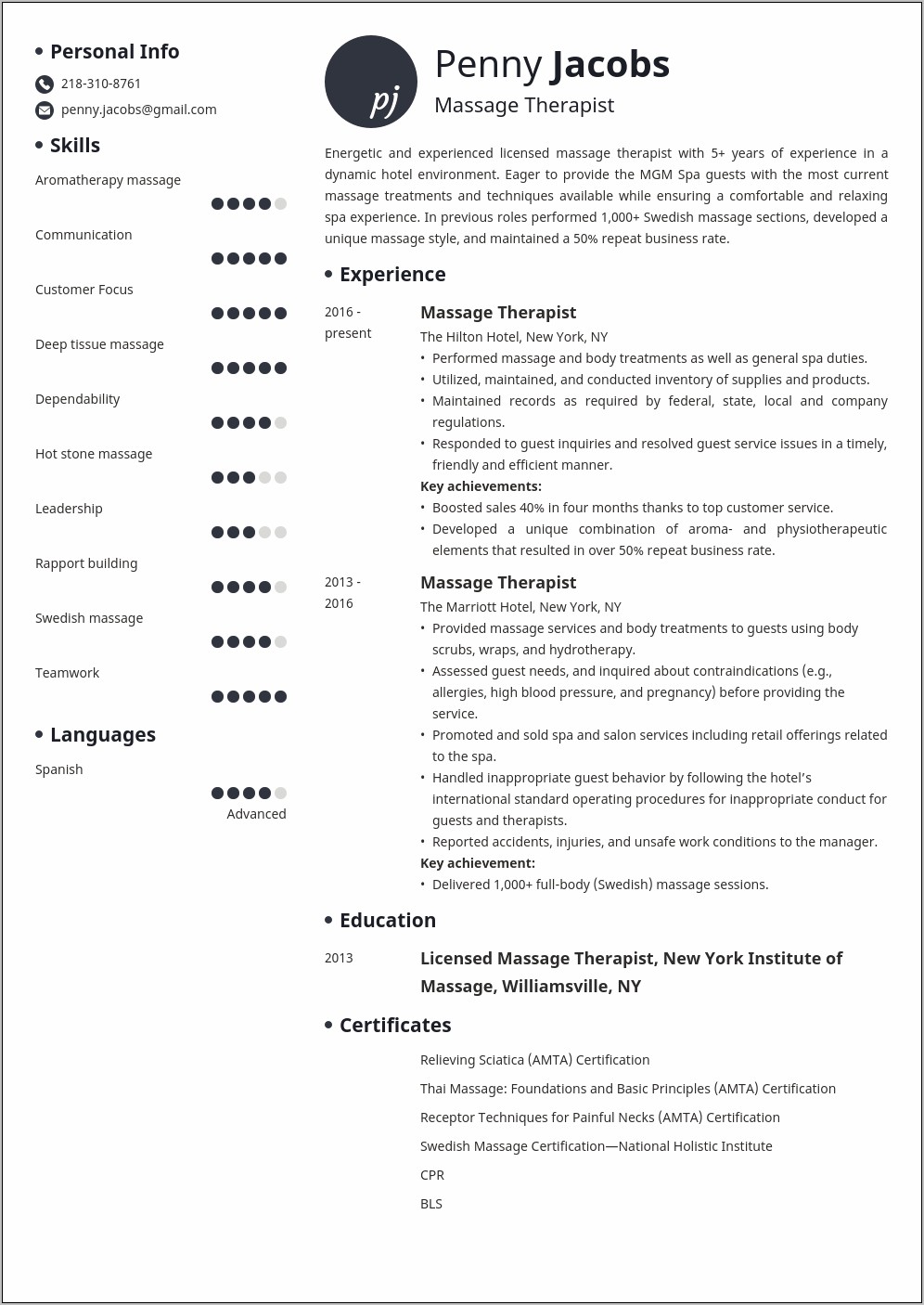 Hotel Spa Therapist Resume Example