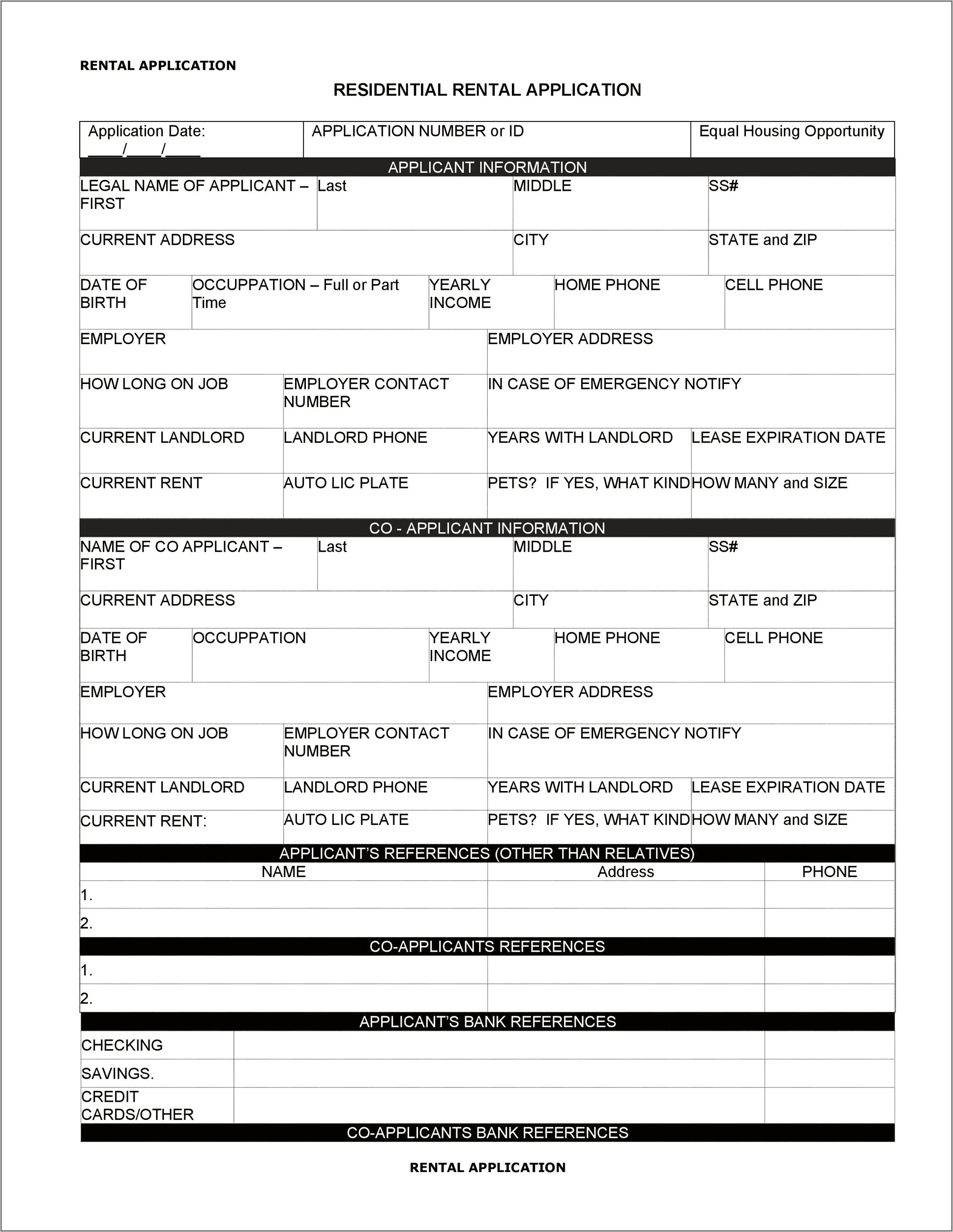 House Rental Application Free Download Template