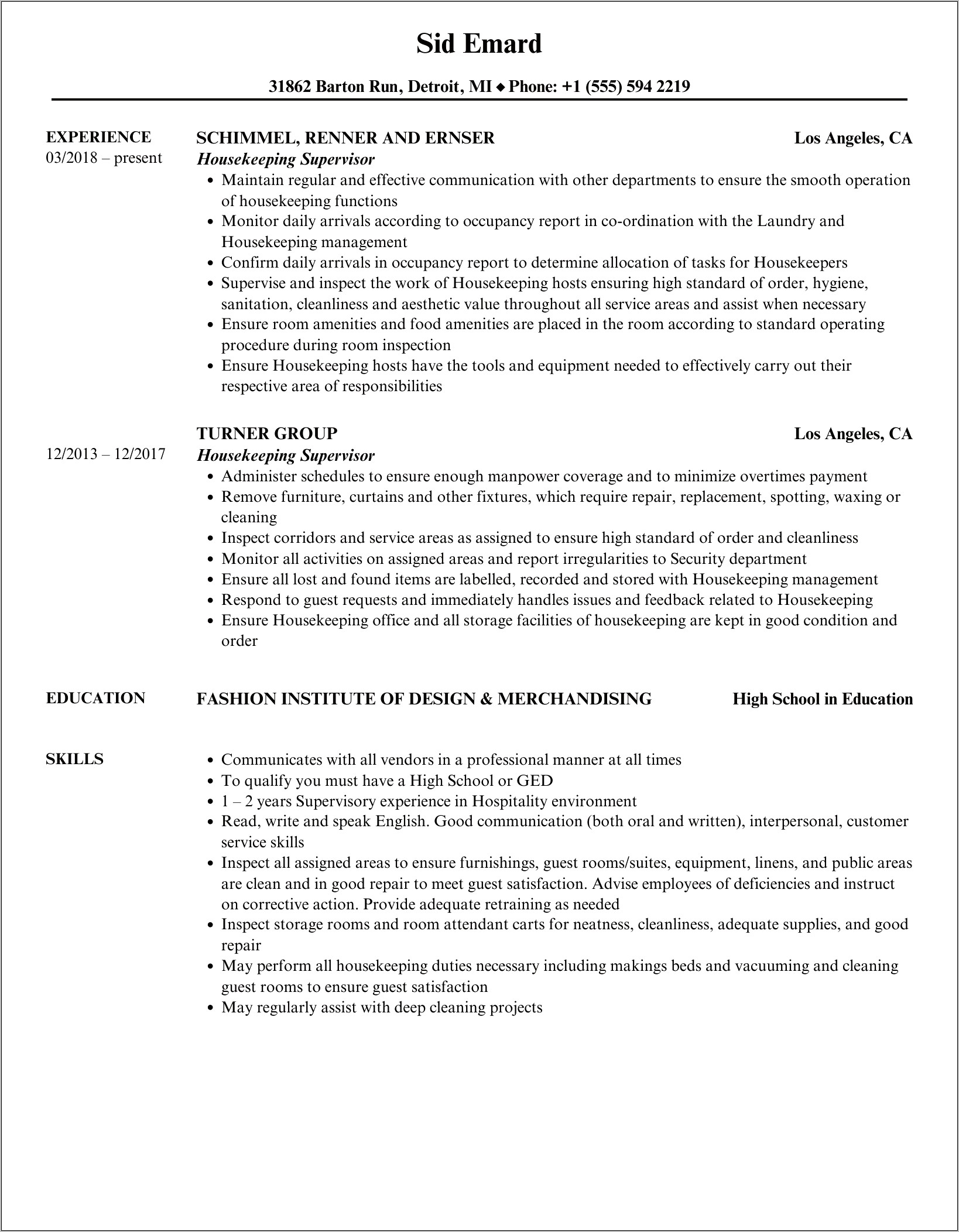 Housekeeping Floor Supervisor Resume Sample