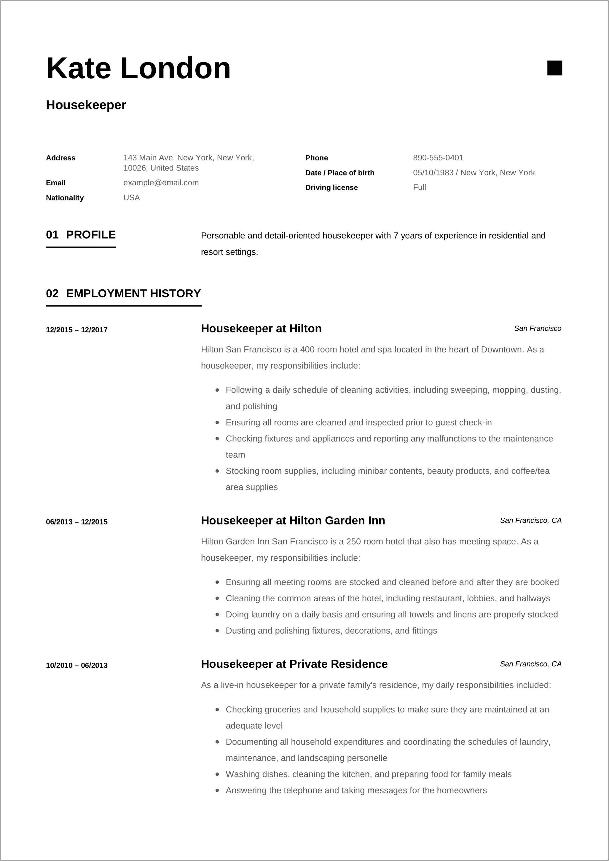 Housekeeping Private Houses Resume Sample