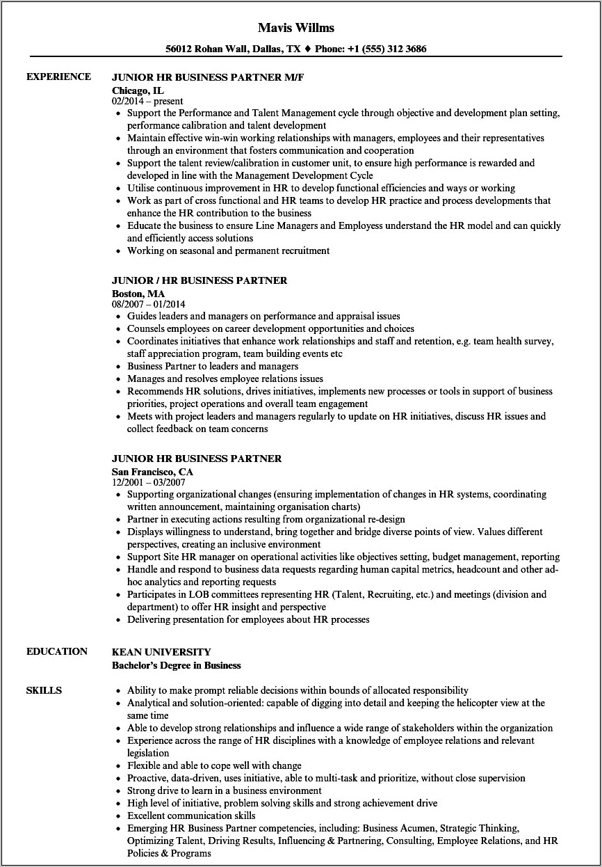 Hr Business Partner Skills Resume