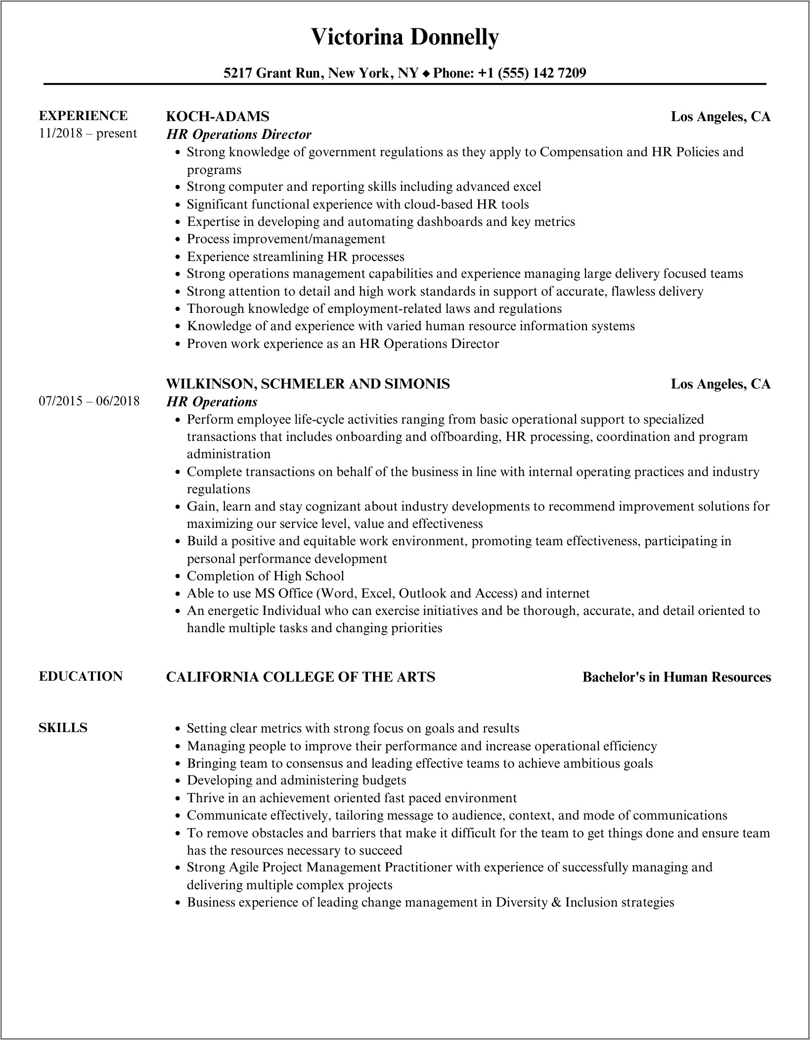 Hr Objectives For Resume For