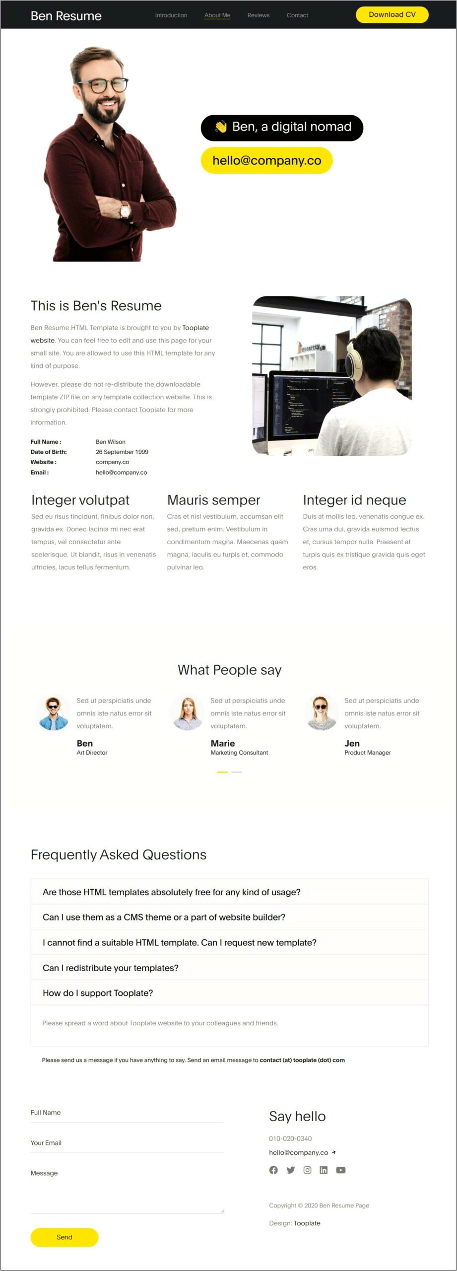 Html Template For Resume Free