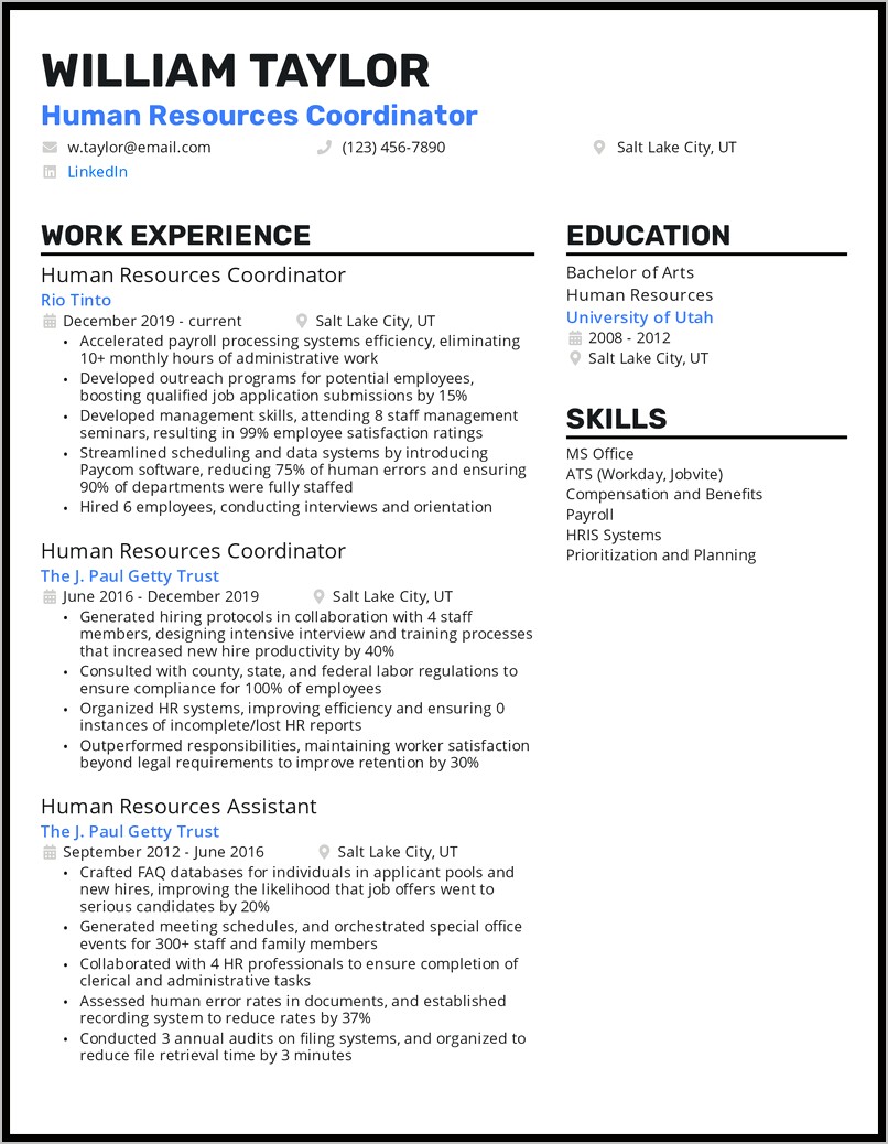 Human Resource Job Resume Description