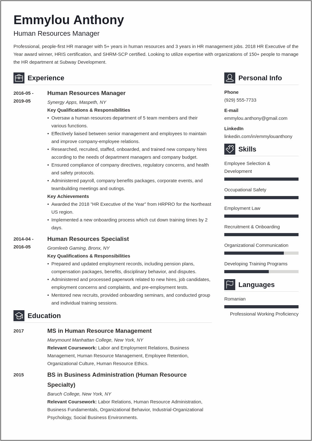 Human Resource Manager Description Resume