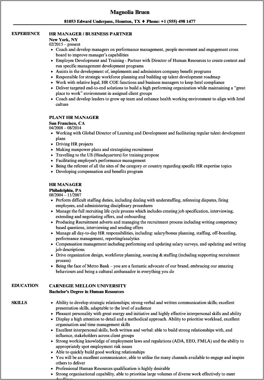 Human Resource Manager Resume Pdf