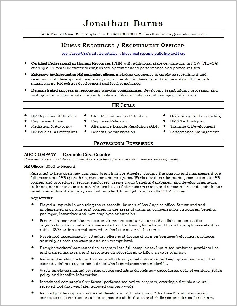 Human Resource Resume Template Free