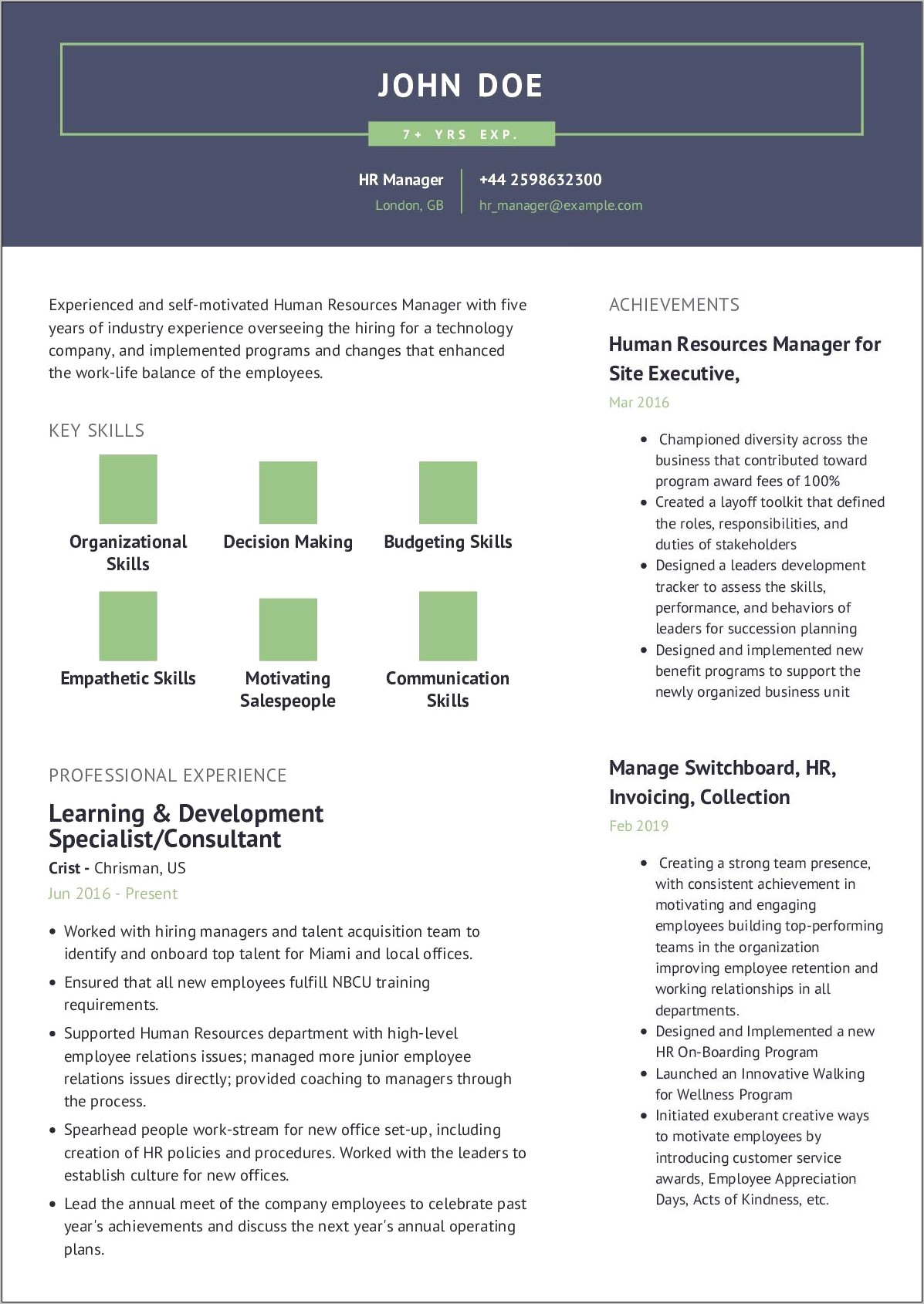 Human Resources Accomplishment Resume Examples