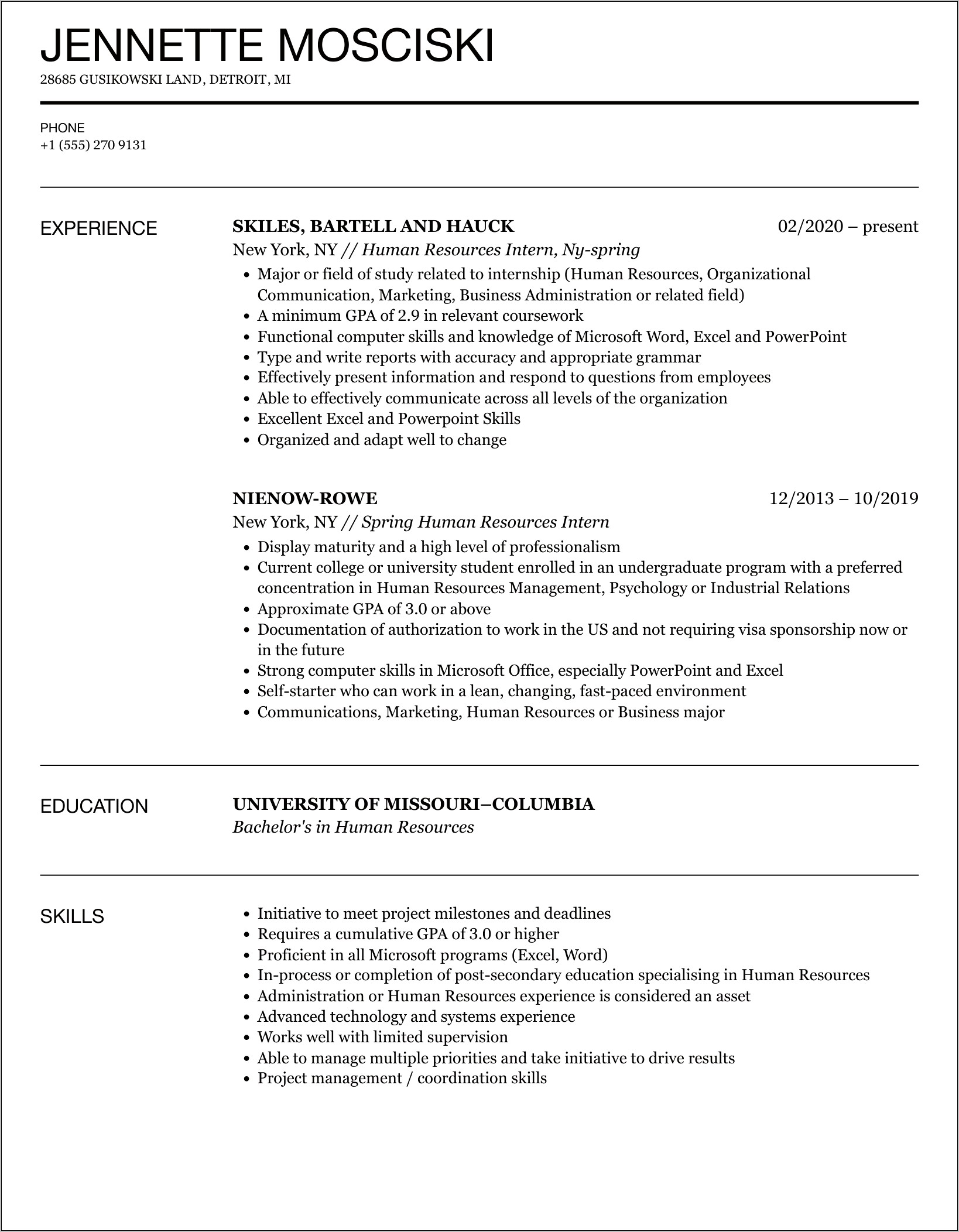 Human Resources Internship Resume Examples