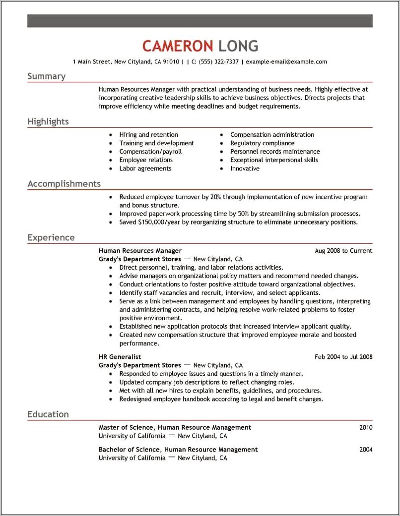 Human Resources Manager Skills Resume