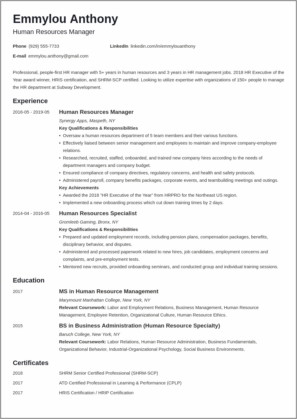 Human Resources Officer Resume Sample