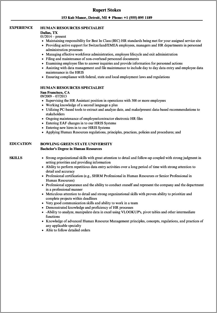 Human Resources Specialist Resume Objective